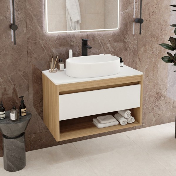 Тумба с раковиной Teymi Ritta 85 дуб эврика, матовая белая, раковина Iva 52