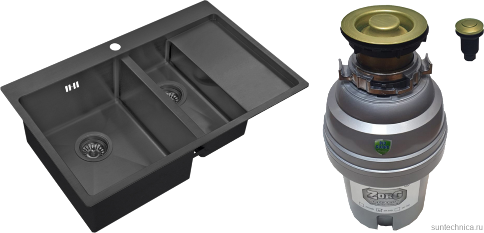Комплект Мойка Zorg Inox PVD 5178-2-L grafit + Измельчитель ZR-75 D BRONZE