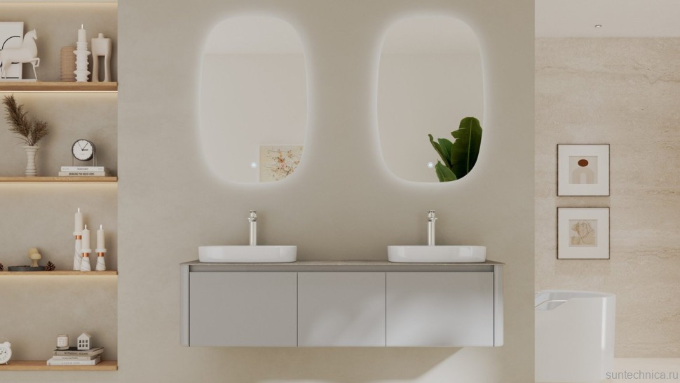 Тумба с раковиной Black&White 160 подвесная, глянцевая серая, две раковины