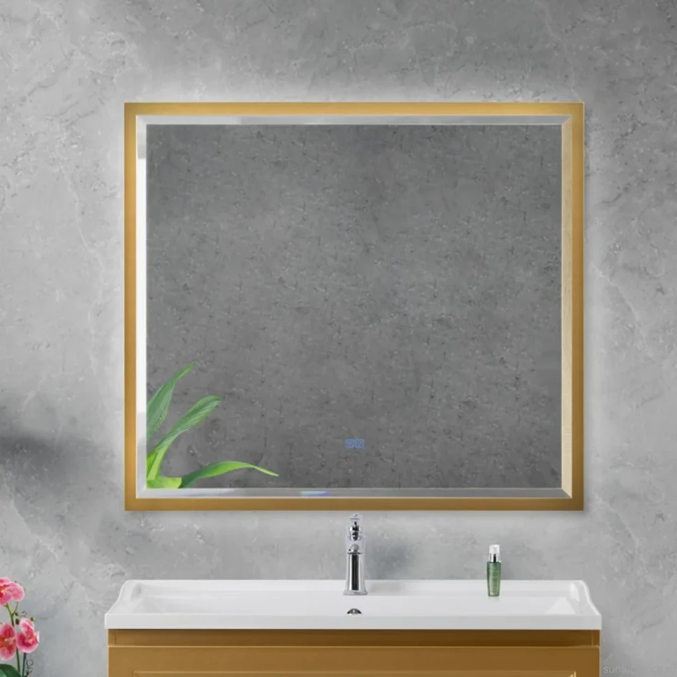 Зеркало Cezares Interni 100x90 с подсветкой, с антизапотевателем, брашированное золото