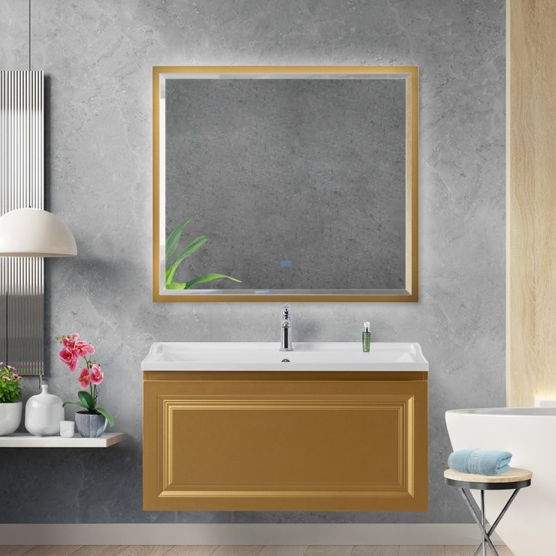 Зеркало Cezares Interni 100x90 с подсветкой, с антизапотевателем, брашированное золото