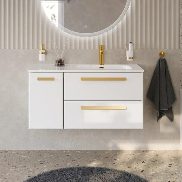 Тумба с раковиной Cezares Eco Cer-N 100 R 2 ящика, 1 дверца, bianco lucido, раковина Duet 100 R, ручки сатиновое золото