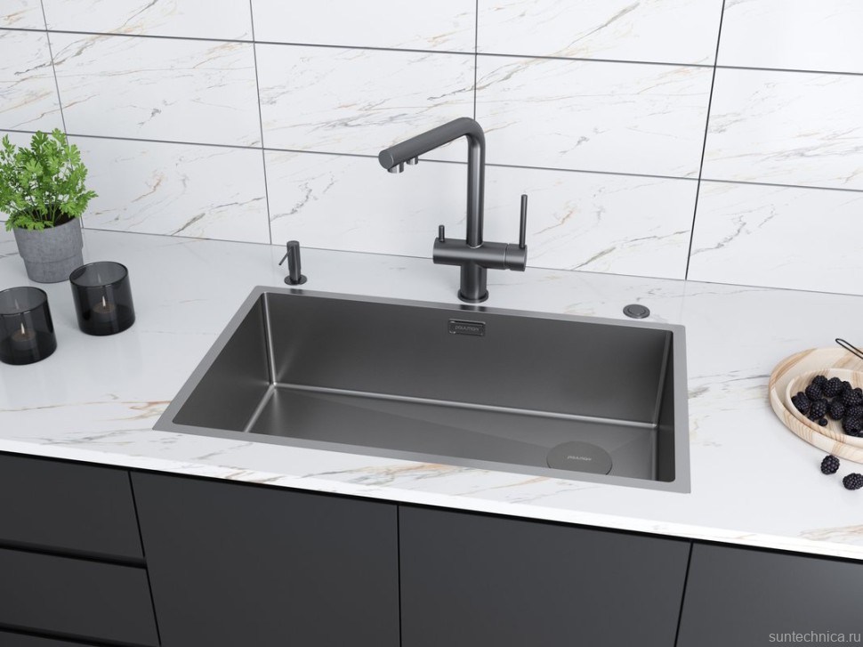 Комплект Мойка Paulmark Next-Skew PM887444-MG серый матовый + Измельчитель Intenso