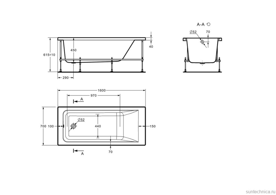 Акриловая ванна Roca Easy без опоры 160x70 см, пристенная, белая