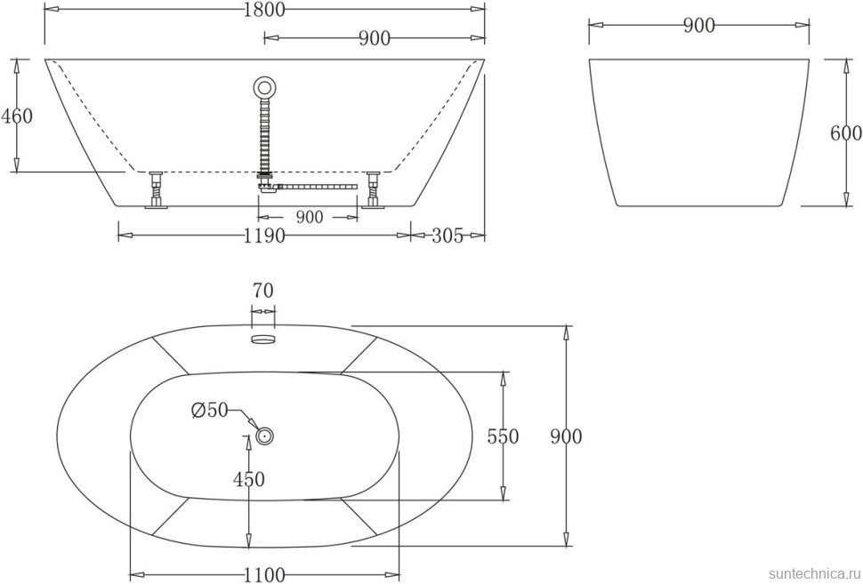 Акриловая ванна BelBagno BB68-1800 180x90 см, отдельностоящая, белая, овальная, с каркасом, со сливом-переливом