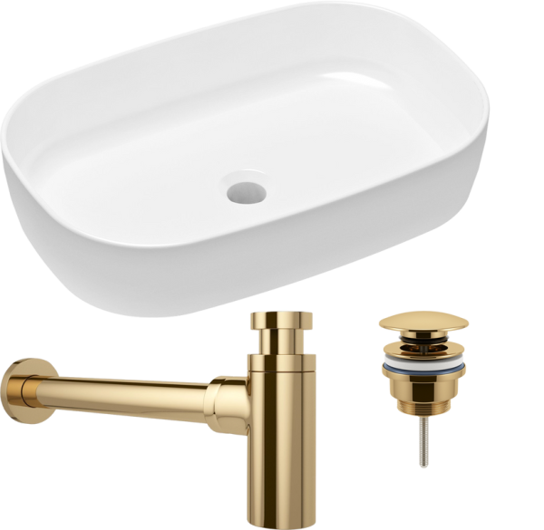 Комплект Накладная раковина Lavinia Boho Bathroom Sink Slim 33311003 + Донный клапан Wellsee Drainage System 182141000 золото + Сифон 182106000 золото