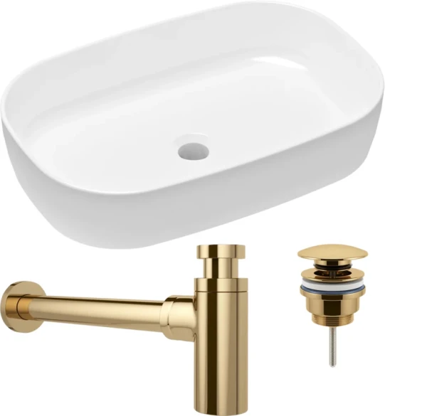 Комплект Накладная раковина Lavinia Boho Bathroom Sink Slim 33311003 + Донный клапан Wellsee Drainage System 182141000 золото + Сифон 182106000 золото