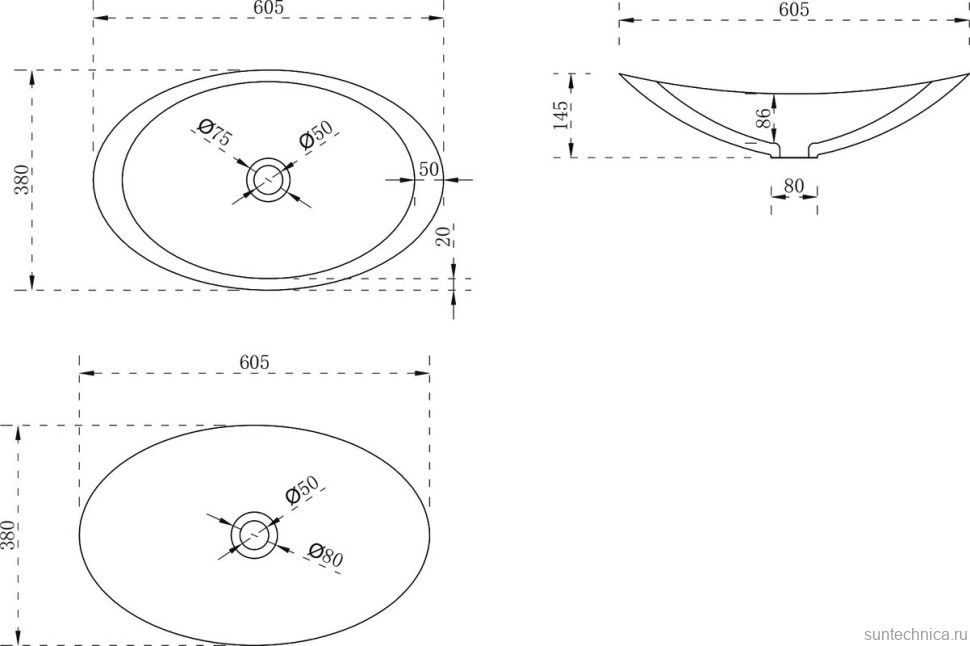 Накладная раковина Abber Stein AS2606 61 матовая белая, овальная, искусственный камень