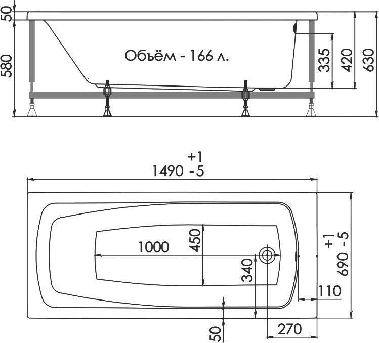 Акриловая ванна 1ACReal Стандарт Лондон 150x70 см, пристенная, белая, с каркасом