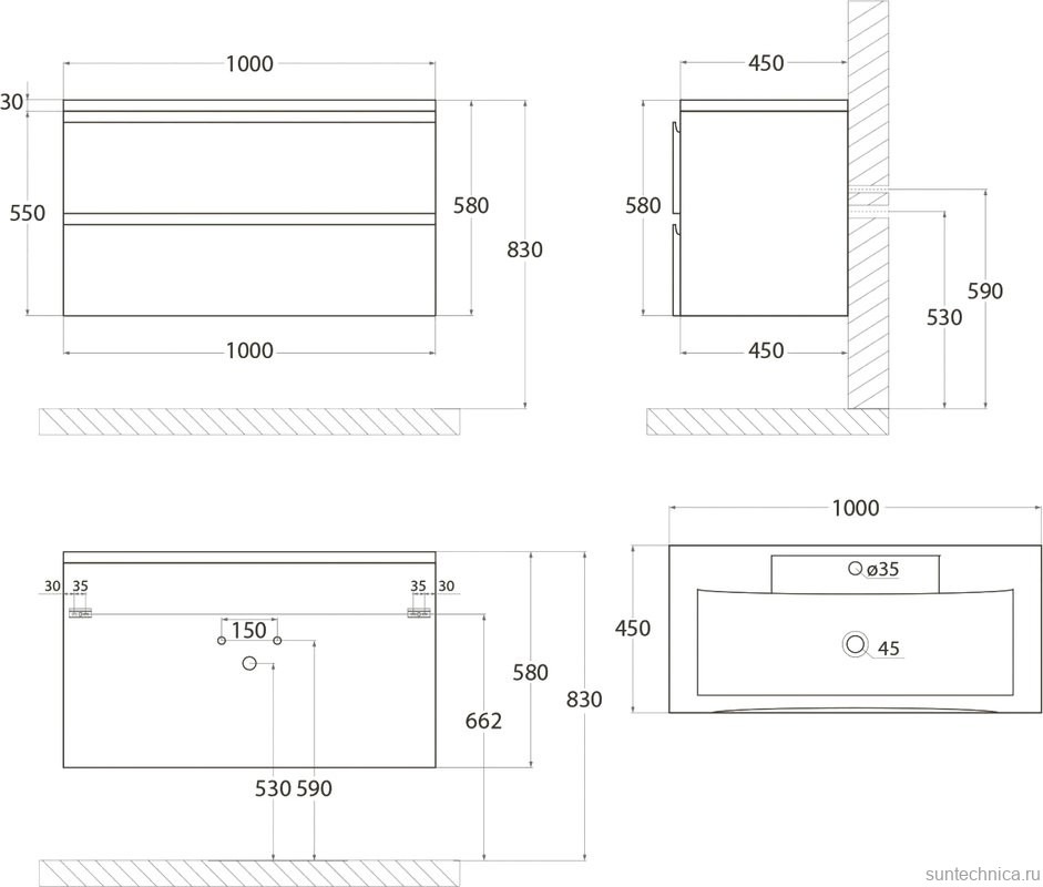Тумба с раковиной Art&Max Bianchi 100, подвесная, серая матовая