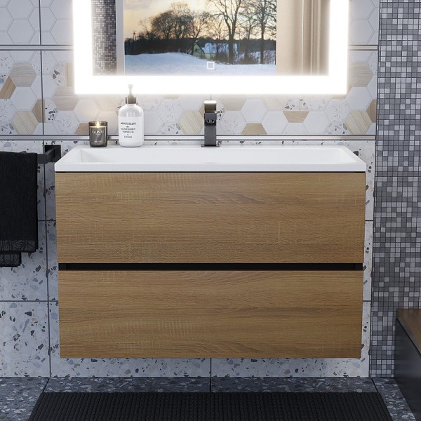 Тумба с раковиной Uperwood Barsa 80 подвесная, черная, дуб сонома, раковина белая