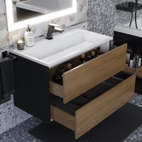 Тумба с раковиной Uperwood Barsa 80 подвесная, черная, дуб сонома, раковина белая
