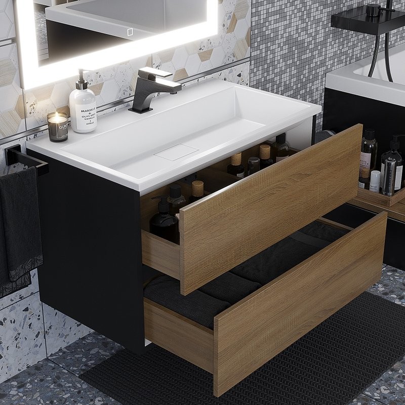 Тумба с раковиной Uperwood Barsa 80 подвесная, черная, дуб сонома, раковина белая