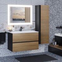Тумба с раковиной Uperwood Barsa 80 подвесная, черная, дуб сонома, раковина белая