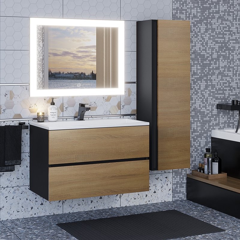 Тумба с раковиной Uperwood Barsa 80 подвесная, черная, дуб сонома, раковина белая