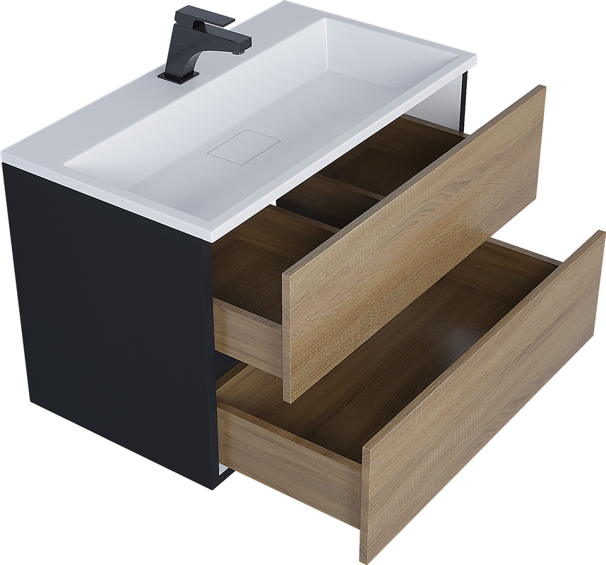 Тумба с раковиной Uperwood Barsa 80 подвесная, черная, дуб сонома, раковина белая