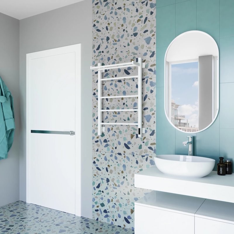 Полотенцесушитель электрический Grota Alto 530х800 RAL9016 EL 80x55 см, подключение справа, слева, скрытое подключение справа, матовый белый, лесенка, из стали, с полкой