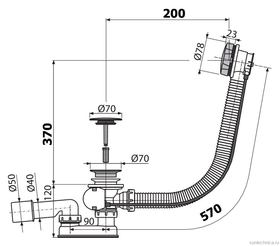 Слив-перелив для ванны AlcaPlast A55КM 52 мм, полуавтомат, хром, с сифоном