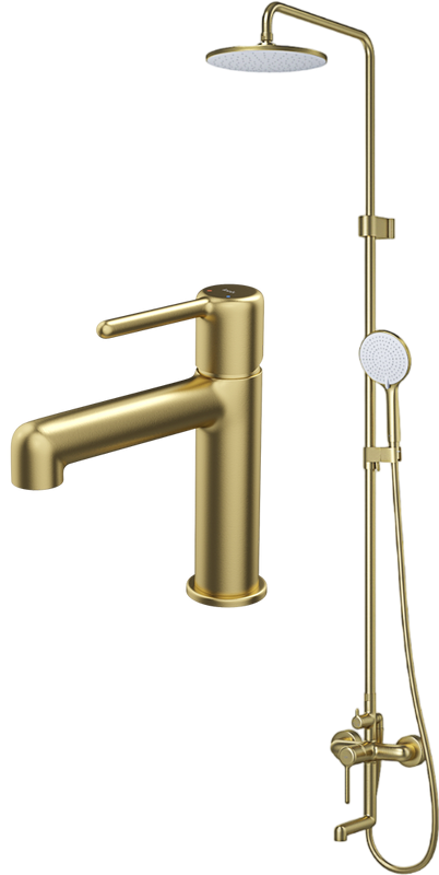 Комплект для ванной IDDIS Aiger Душевая стойка IDDIS Aiger AIGMG3Fi06 + Смеситель для раковины AIGMG00i01, золотой матовый