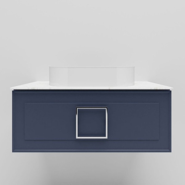Тумба под раковину со столешницей La Fenice Cubo 90 подвесная, синяя, столешница белый мрамор, белая ручка