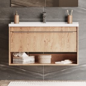 Тумба с раковиной AQUATON Хоуп 100 подвесная, 1 ящик, орех