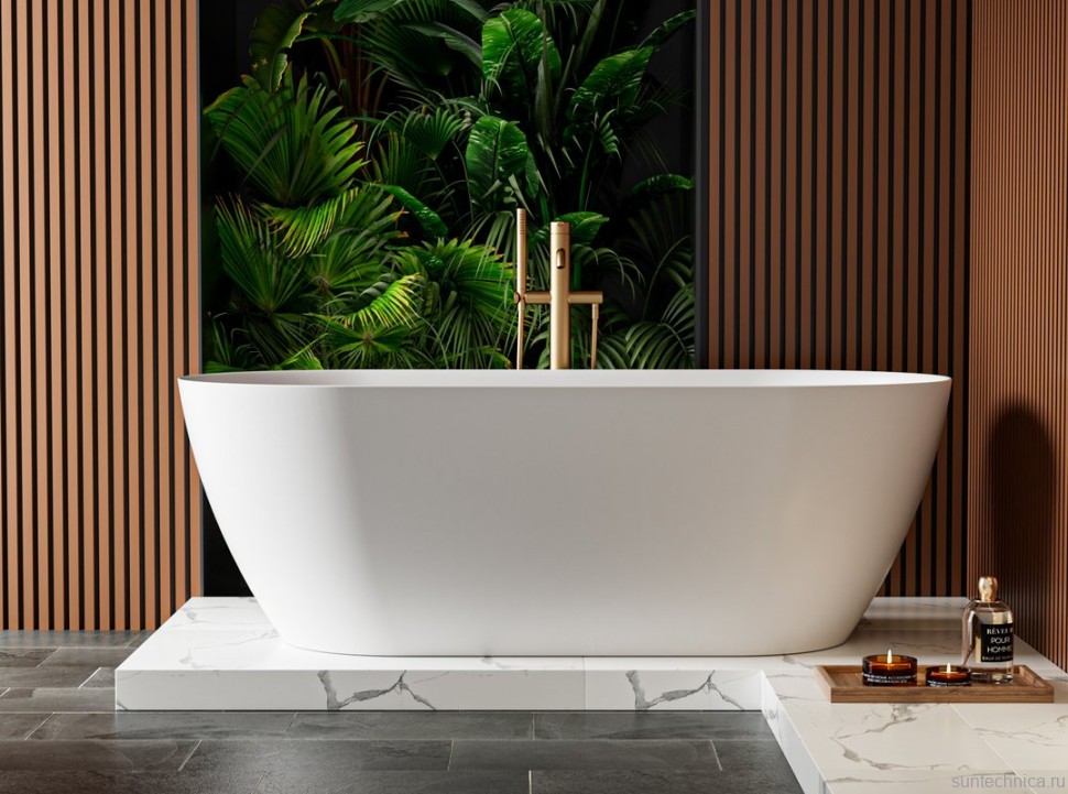 Ванна из искусственного камня Cezares Relax Solid Surface 170x80 см, отдельностоящая, матовая белая, овальная, со сливом-переливом, с донным клапаном