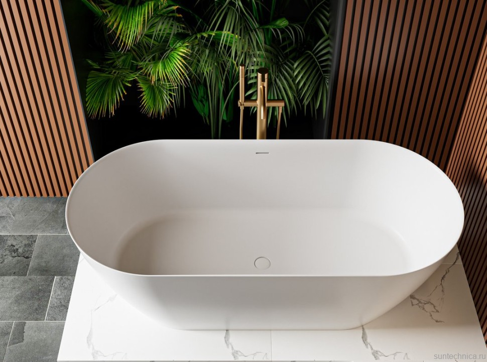Ванна из искусственного камня Cezares Relax Solid Surface 170x80 см, отдельностоящая, матовая белая, овальная, со сливом-переливом, с донным клапаном