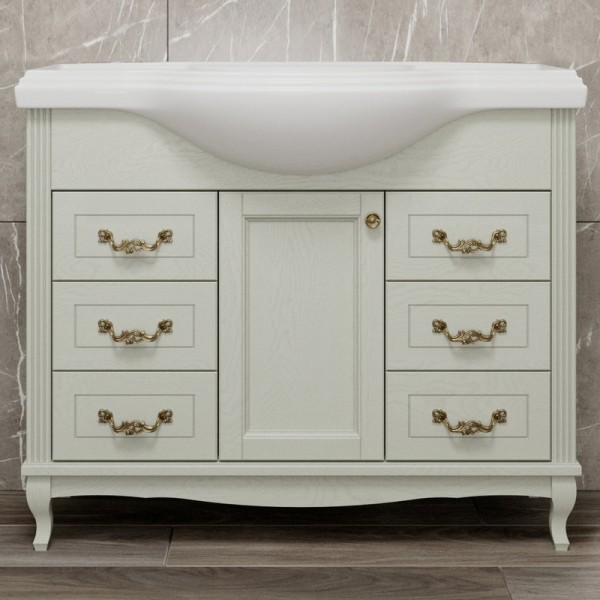 Тумба с раковиной ValenHouse Эллина 105 слоновая кость, 6 ящиков, 1 дверца, ручки бронза