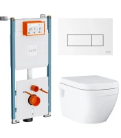 Комплект Унитаз подвесной Grohe Euro Ceramic 39703000 безободковый + Инсталляция VitrA V-Fix Core 732-5800-01PV + Кнопка Root Square 740-2300 белая глянцевая
