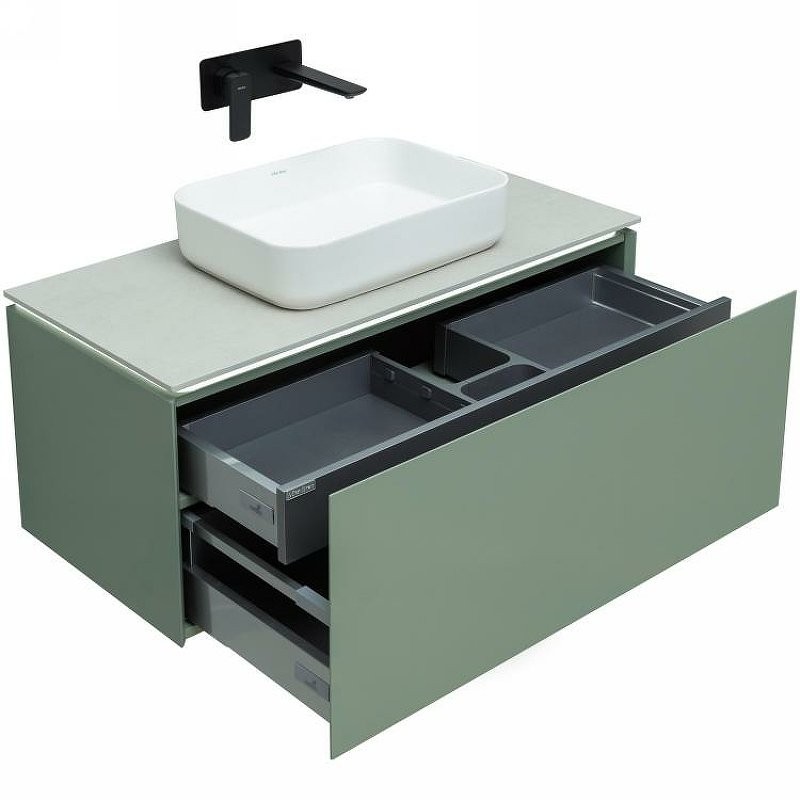 Тумба с раковиной Allen Brau Infinity 100 1+1, подвесная, олива матовый, столешница серый структ