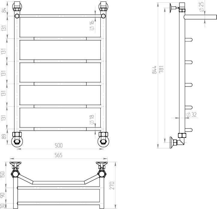 Полотенцесушитель водяной Двин FE 80/50 К1 1"-1/2", с полкой, хром