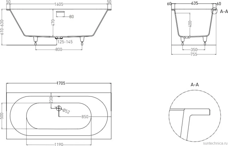 Ванна из искусственного камня Salini Ornella Kit Axis S-Sense 170x75 см, встраиваемая, белая, на ножках, с донным клапаном