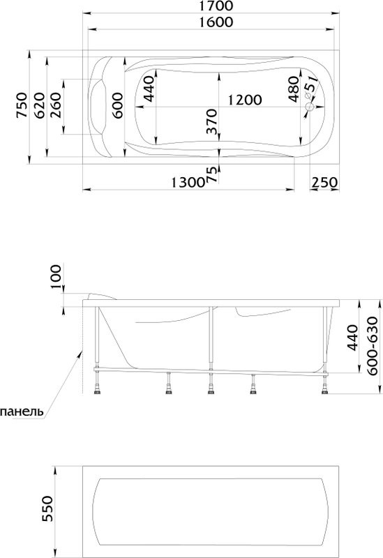 Акриловая ванна 1MarKa Dipsa Премиум 170x75 см, пристенная, белая, с каркасом, с экраном, со сливом-переливом