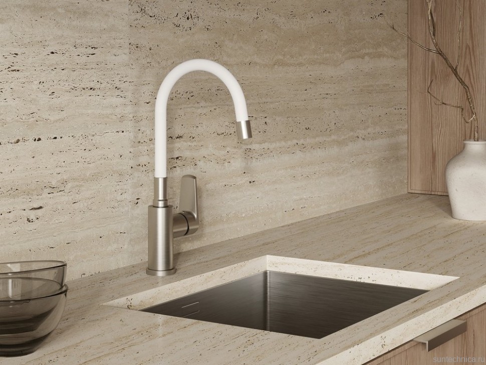 Смеситель для кухни Cersanit Moduo 68232 с гибким изливом, сатин, белый