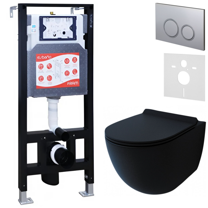 Комплект Унитаз подвесной Esbano Garcia ESUPGARCBM матовый черный + Инсталляция Fram + Кнопка ESINKRG11MC