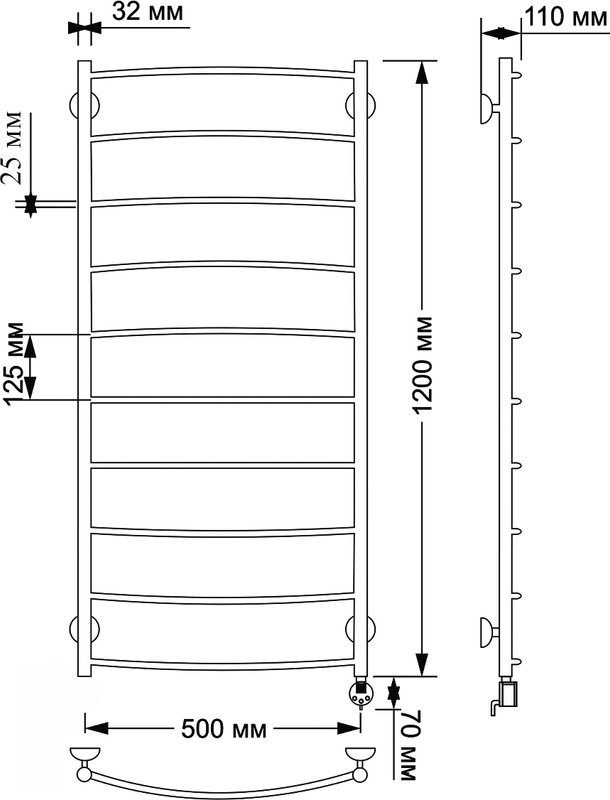 Полотенцесушитель электрический Secado Милан 1 плюс 125x55 см, подключение справа, бронза, лесенка, латунь