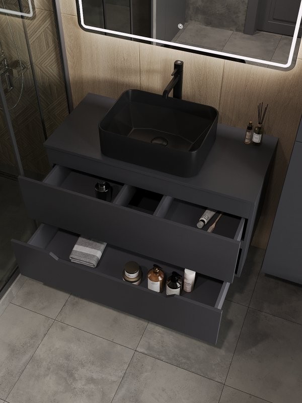 Тумба с раковиной Orange Line 100 подвесная, 2 ящика, матовый графит с раковиной B02-460MB
