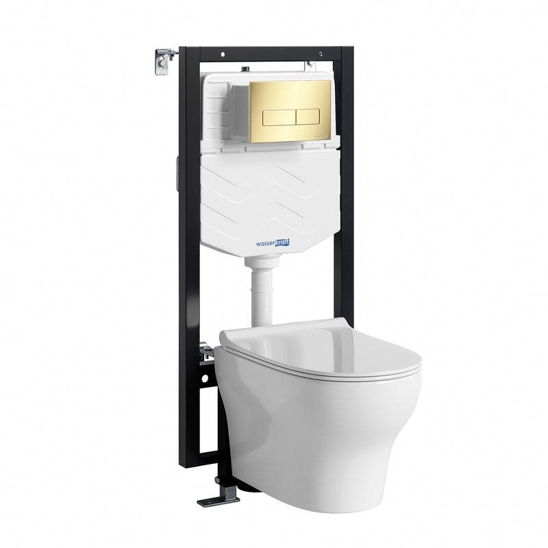 Комплект Унитаз подвесной WasserKRAFT Berkel H001 безободковый + Крышка для унитаза E034 + Система инсталляции для унитазов Vils 56TLT.010.ME + Кнопка смыва PG03
