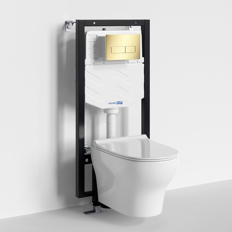 Комплект Унитаз подвесной WasserKRAFT Berkel H001 безободковый + Крышка для унитаза E034 + Система инсталляции для унитазов Vils 56TLT.010.ME + Кнопка смыва PG03
