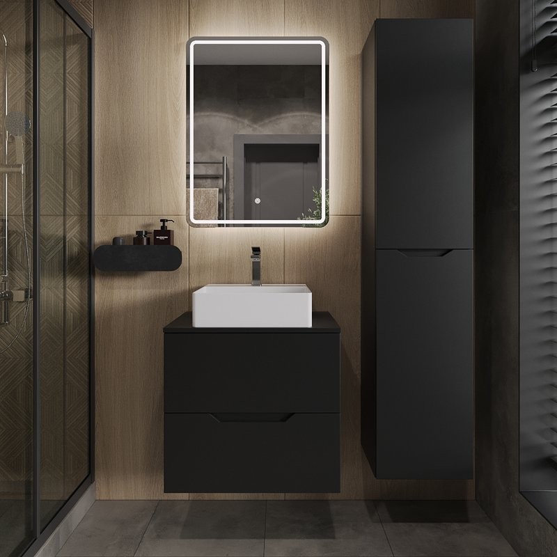 Мебель для ванной комнаты Orange Line 60 подвесная, 2 ящика, матовая черная с раковиной B04-405W