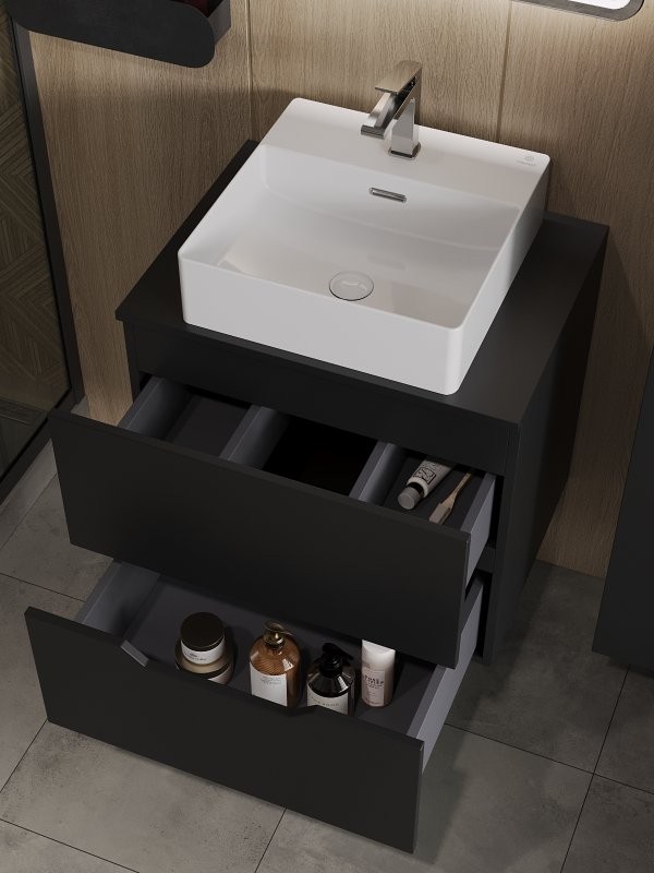 Мебель для ванной комнаты Orange Line 60 подвесная, 2 ящика, матовая черная с раковиной B04-405W