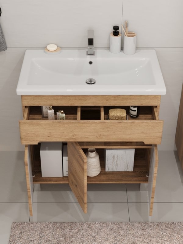 Тумба с раковиной SanStar Модена 80 напольная, дуб крафт золотой