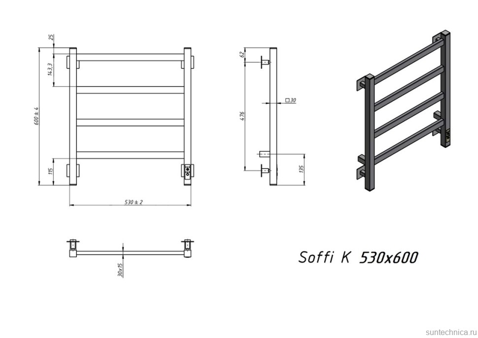 Полотенцесушитель электрический Grota Soffi K RAL9005 EL 53х60, матовый черный