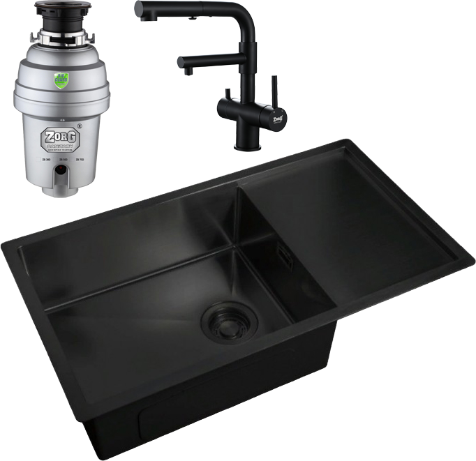Комплект Мойка Zorg Light + Смеситель Sanitary SZR-3216 Grafit графит + Измельчитель Inox D