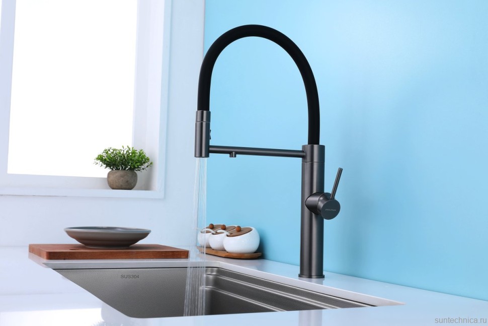 Смеситель для кухни Paulmark Ganymede Ga213199-GM с гибким изливом, вороненая сталь