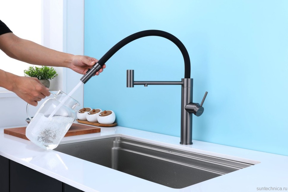 Смеситель для кухни Paulmark Ganymede Ga213199-GM с гибким изливом, вороненая сталь