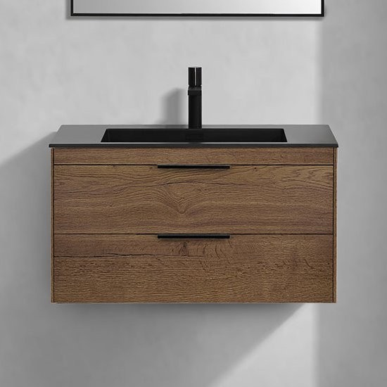 Тумба с раковиной Vincea Chiara 2D 80, 2 ящика, дуб табак, с черной раковиной