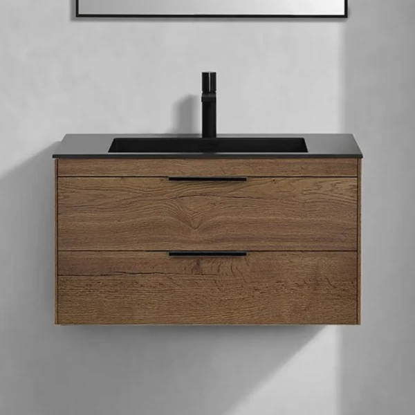 Тумба с раковиной Vincea Chiara 2D 80, 2 ящика, дуб табак, с черной раковиной