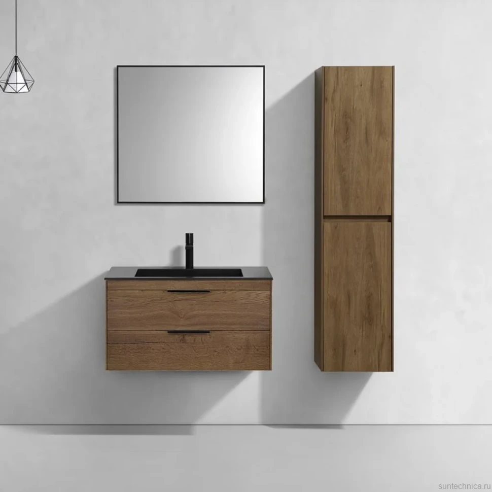 Тумба с раковиной Vincea Chiara 2D 80, 2 ящика, дуб табак, с черной раковиной