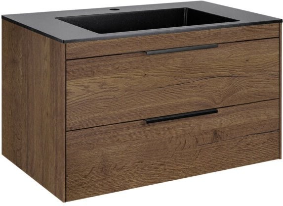 Тумба с раковиной Vincea Chiara 2D 80, 2 ящика, дуб табак, с черной раковиной